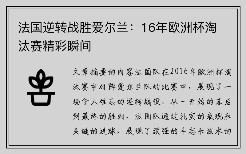 法国逆转战胜爱尔兰：16年欧洲杯淘汰赛精彩瞬间